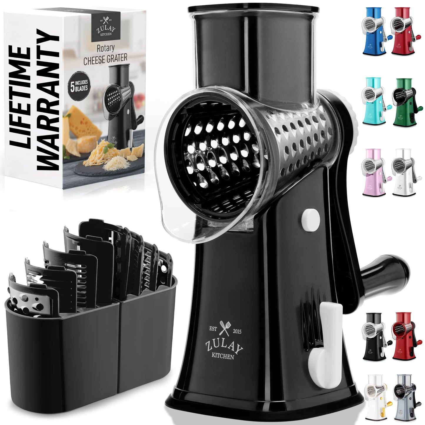 Zulay Kitchen 5-Blade Rotary Cheese Grater - Manual Hand Crank Cheese Shredder with Reinforced Suction & 5 Interchangeable Drums - Vegetable Chopper & Round Mandoline Slicer