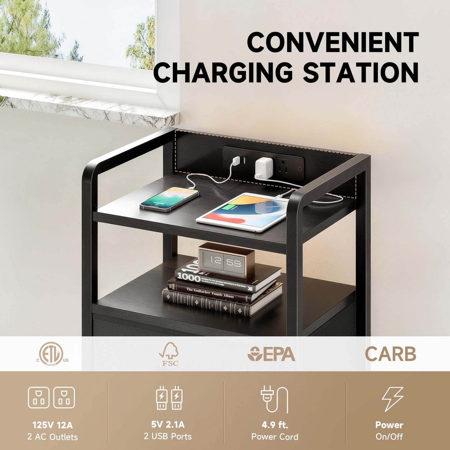 Night Stand Bedside Table Bedroom - Nightstand with Charging Station & LED Light Strip, Bed Side Table with Storage Shelf for Bedroom, End Table with U-S-B Ports & AC Outlets (Black, 2 Fabric Drawers)