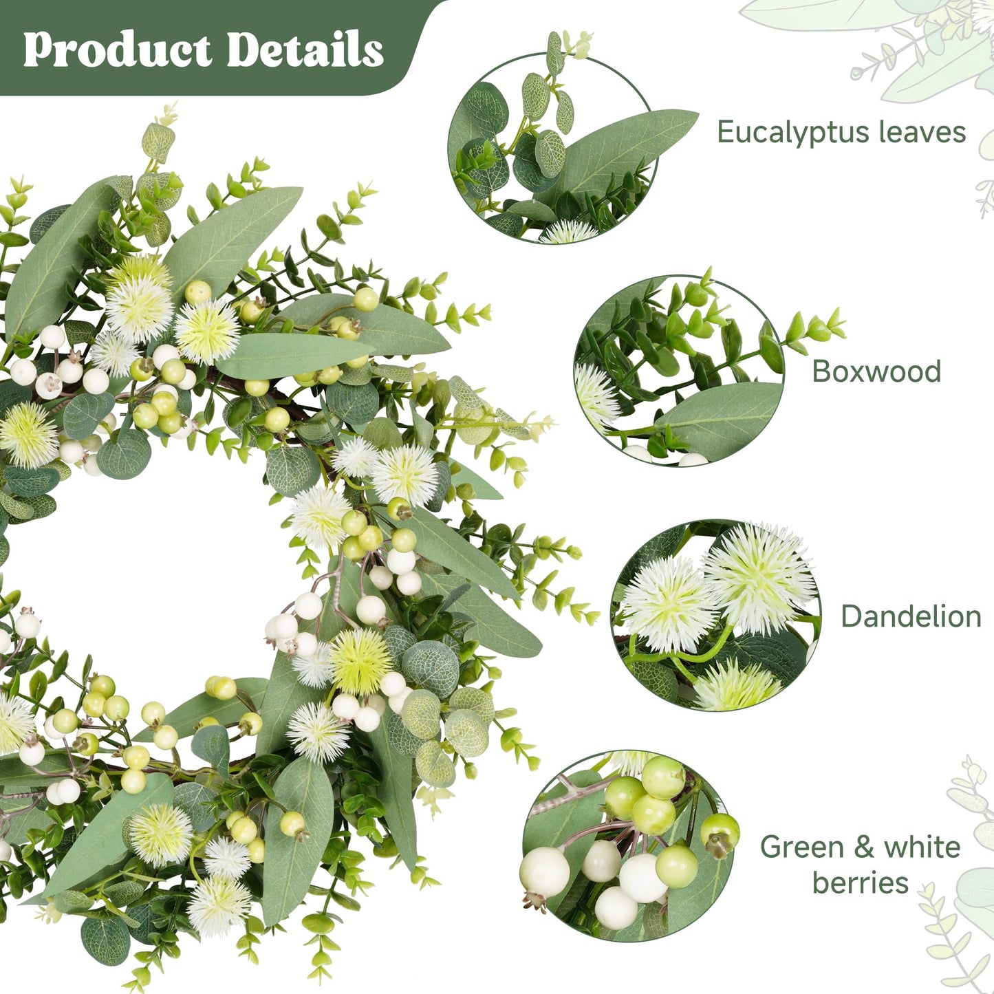 Petalyn Eucalyptus Wreaths for Front Door, 20 Inch Green Wreath with Faux Dandelion, Boxwood, Berries, Spring Summer All Season Artificial Wreath Decoration for Farmhouse Wall Indoor Outdoor Hanging