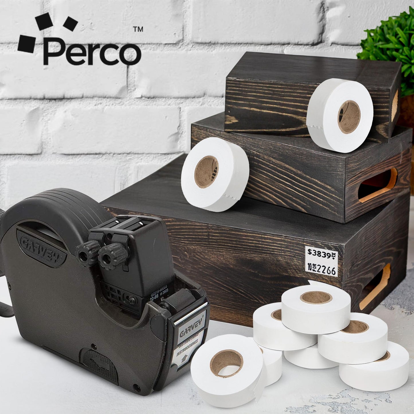 Perco White Garvey 2216 Pricing Labels for Garvey 22-66/22-77/22-88 Two Line Pricing Gun - 9 Rolls, 1 Sleeve - 9,000 Pricemarking Labels and 1 Inker Included