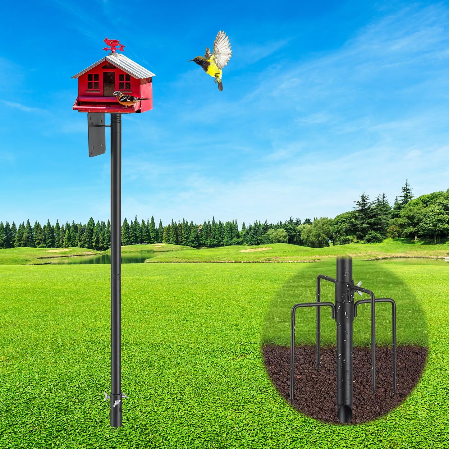 Bird Feeder Pole, 105" Squirrel Proof Feeder Stand with 5-Pronged Base, Outdoors Heavy Duty, Adjustable, Black Bird House Pole