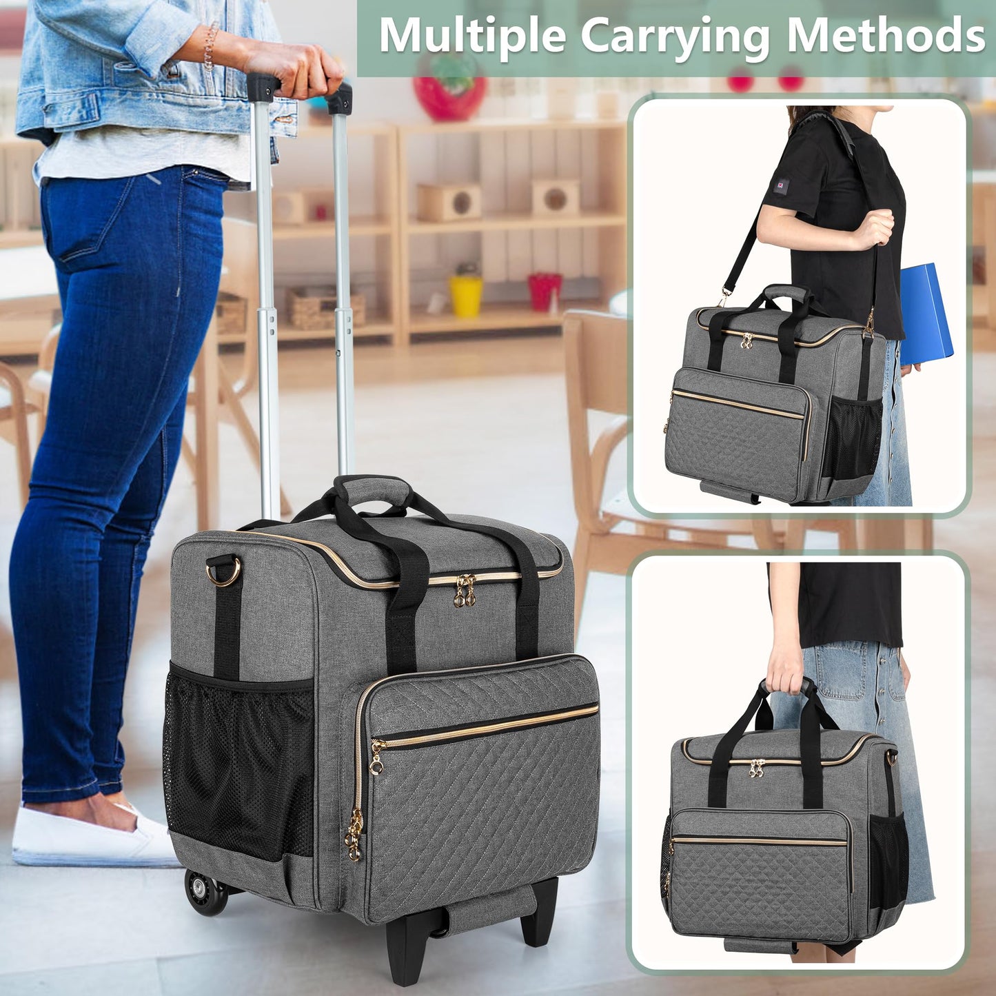 Luxja Rolling Teacher Bag with Laptop Compartment and Detachable Dolly, Multifunctional Rolling Teacher Tote Bag (Patent Pending), Gray