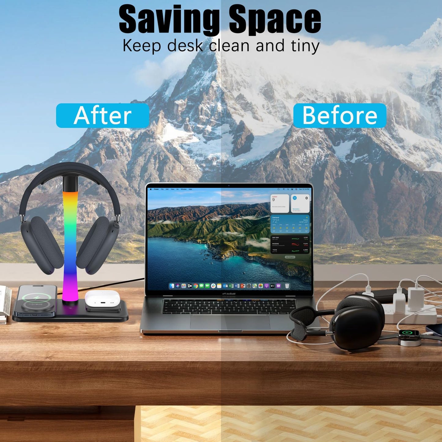 Headphone Stand with Wireless Charger,Gaming Headset Stand with RGB Light Mode,For Airpod Max Stand Compatible with Airpod Pro/3/2,For iPhone 17/16/15/14/13/12/11,Gifts for Gamers & Music Lover(Black)