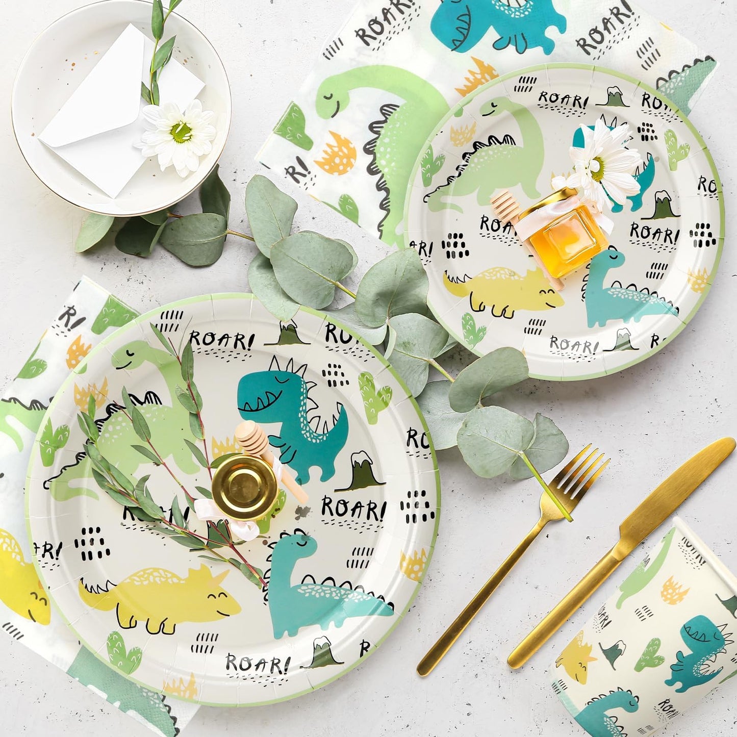 UVTQSSP 96 Pcs Party Plates and Cups and Napkins Sets, Dinosaur Theme Birthday Plates and Napkins Party Supplies, Disposable Tableware Sets, Serve for 24 Guests, Roar Dino, Cute