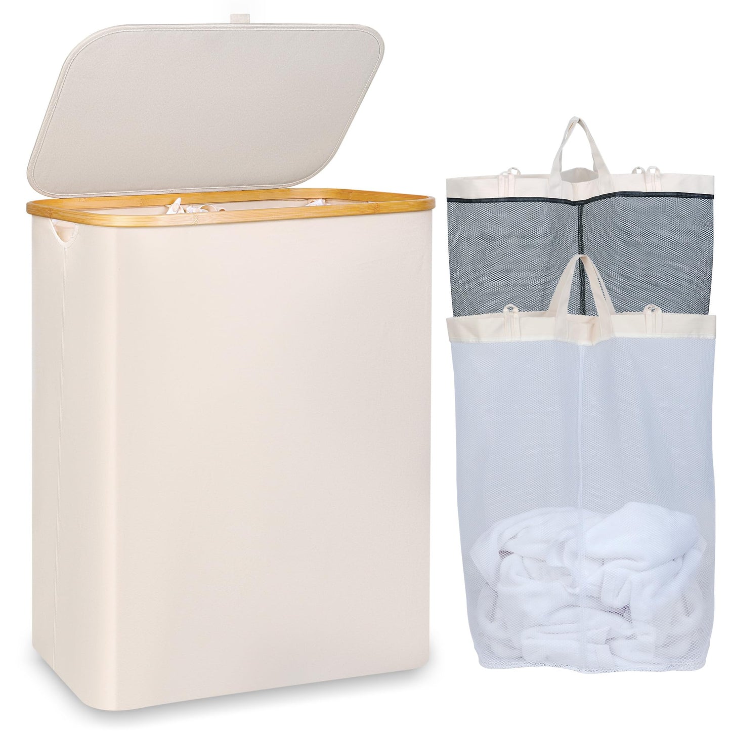 iEGrow 150L Laundry Basket with Lid, Large Laundry Hamper with Bamboo Handle, Collapsible Dirty Clothes Hamper Organizer with Removable Inner Bag for Clothes Toys Towels,Beige