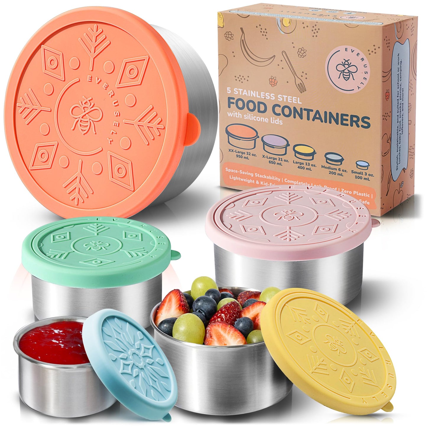 Everusely - Stainless Steel Containers with Lids - Set of 5, Bright Collection - Leakproof Stainless Steel Food Containers - Nesting Snack Holders - Metal Lunch Box - Portable & Reusable Meal Kit