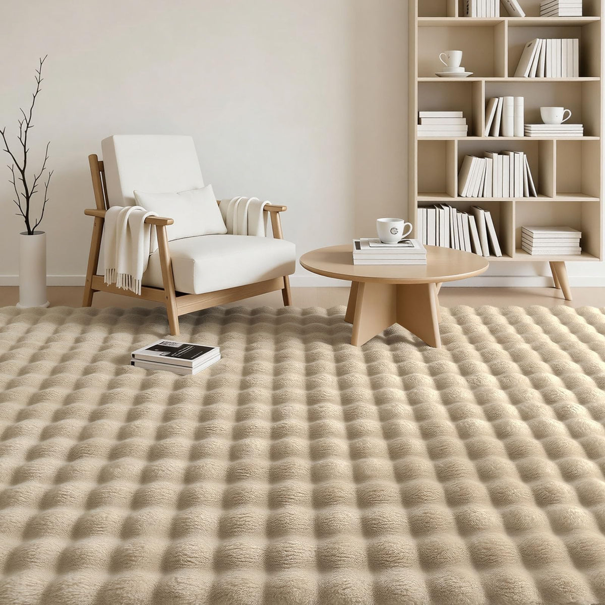OLANLY Fluffy Faux Fur Area Rugs for Living Room, 4x6 Feet Machine Washable Bubble Area Rug, Soft Shaggy Carpet for Bedroom, Dorms, Nursery Rooms, Home Decor, Beige