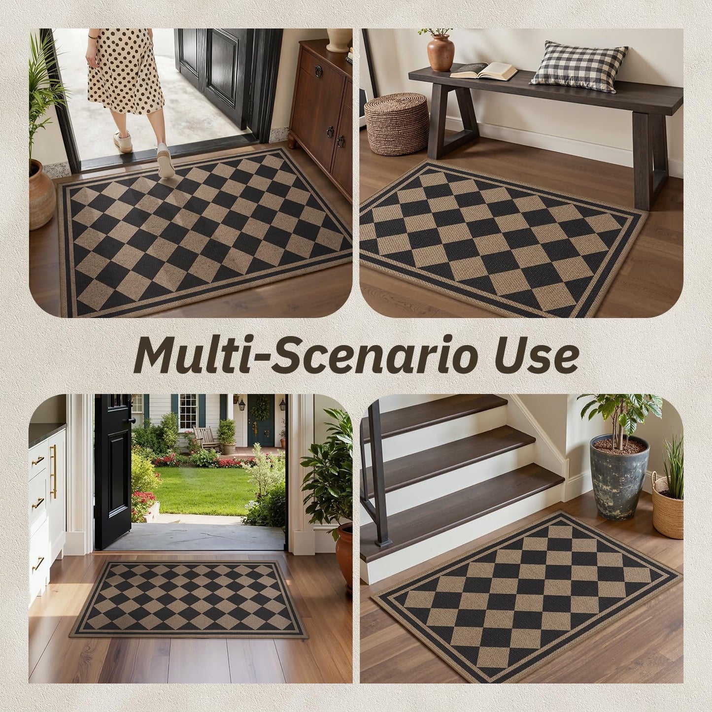 Front Door Mat Indoor Outdoor Mat for Entrance Mat Easy-Jute Entryway Mat-Mud Trapper Absorbent Low-Profile Fall Door Mats Entry Rug Checkered Black 60x90cm