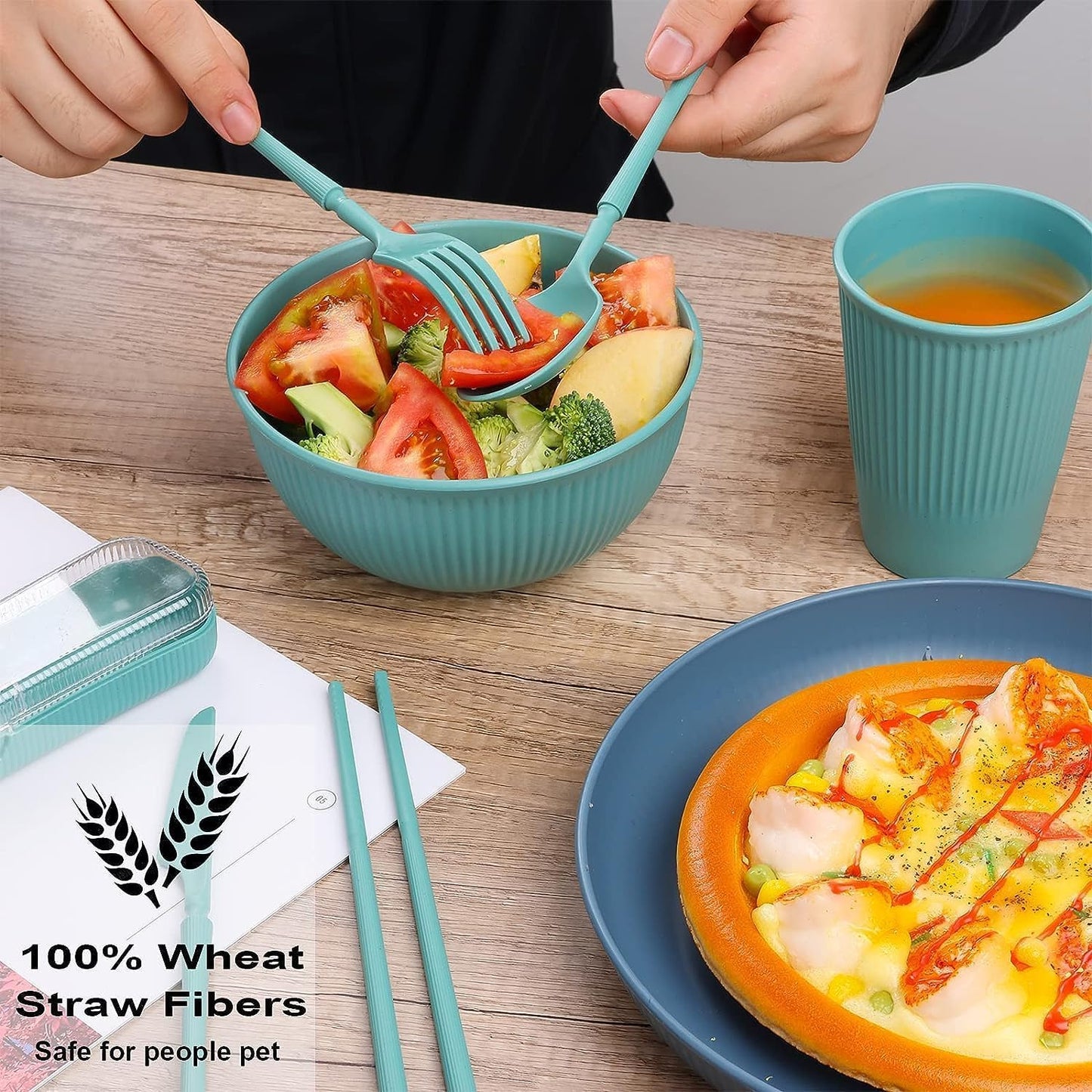 72 Pcs Wheat Straw Dinnerware Sets,Unbreakable Microwave Safe Dinnerware,Lightweight Reusable Bowls with Plates,Cups,Knives,Forks and Spoons Utensil Set for Camping,RV Dishes (A Set of 8)