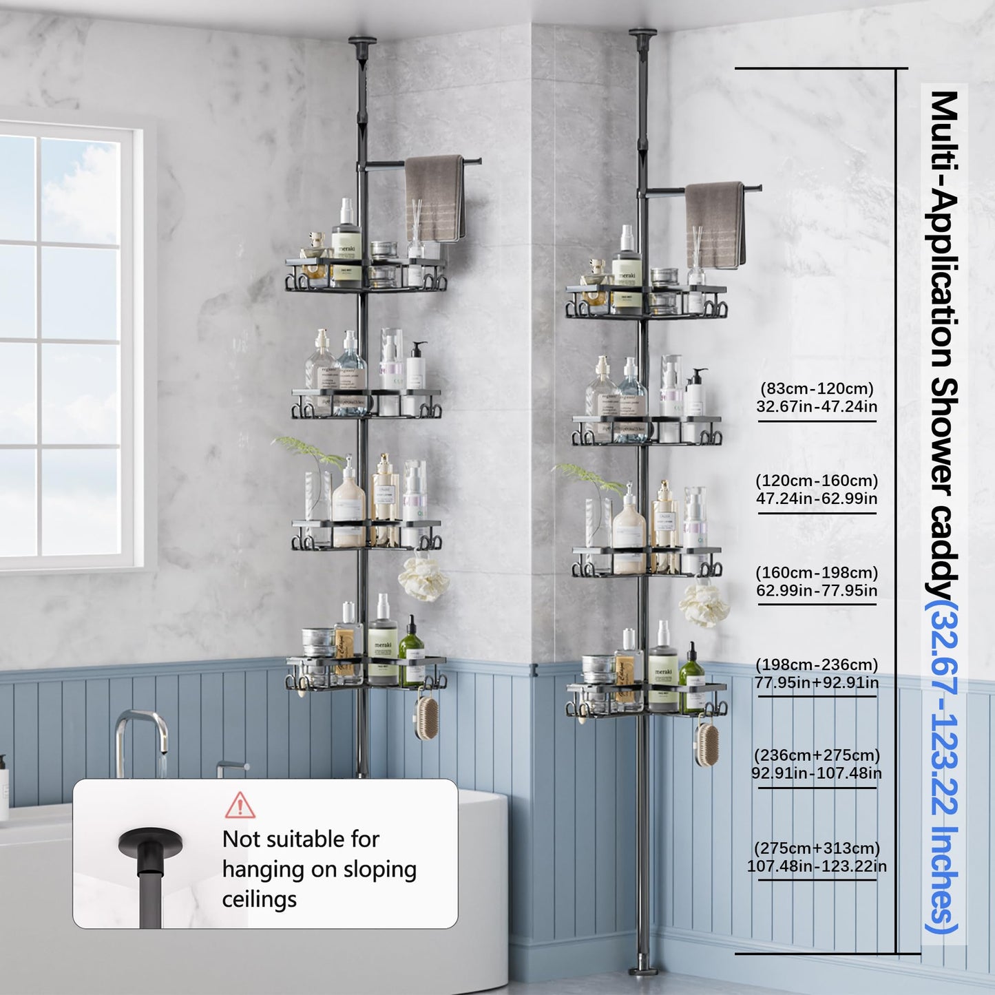 H Hawsam Shower Caddy Corner Tension Pole with 4 Tier Metals Baskets Rustproof Shower Shelves Corner Standing Large Bathroom Shower Storage Organizer Shelf Adjustable Height from 32 to 123 In