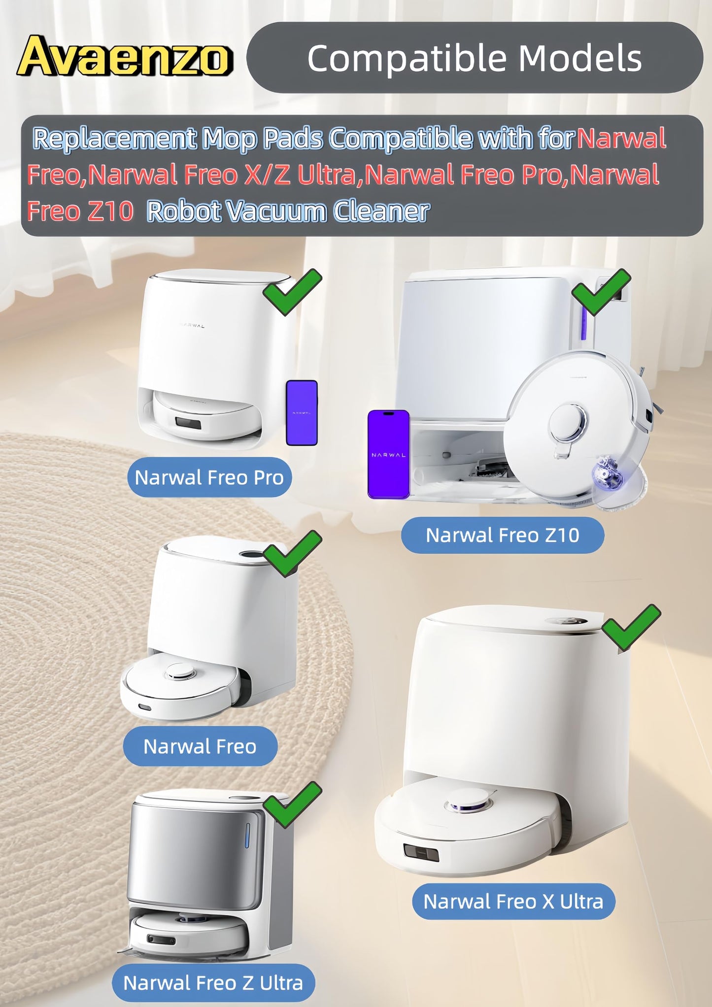 Avaenzo 8 Pack Replacement Mop Pads Compatible with Narwal Freo X Z Ultra Z10 Freo Pro J3 J4 YJCC012 YJCC015 Microfiber Resuable Mop Cloth Robot Vacuum Cleaner Accessories, White and Grey