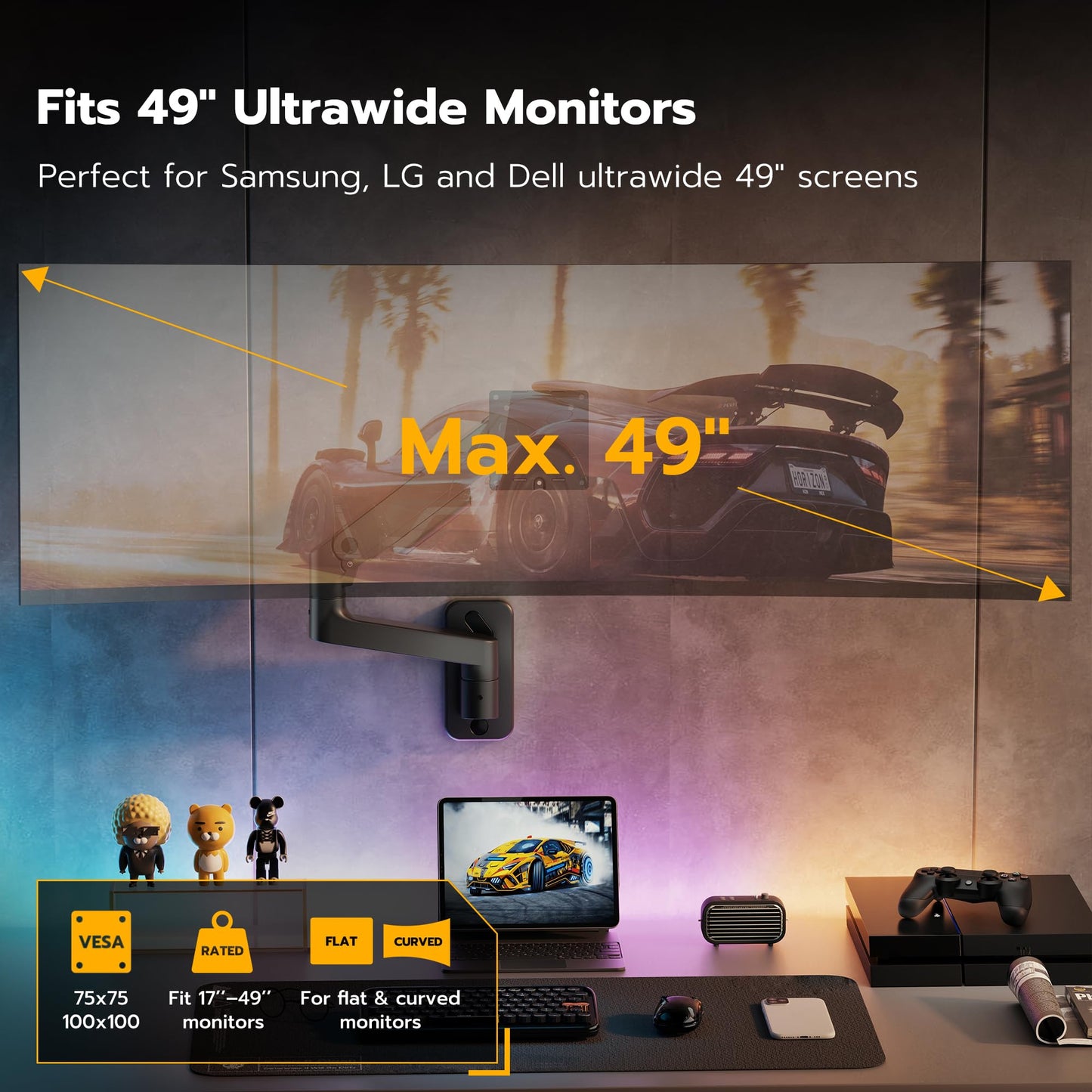 ARES WING Wall Mount Monitor Arm for 17-49 Inch Ultrawide Monitors, Heavy Duty Single Monitor Mount Holds 44 lbs, Fully Adjustable Gas Spring Arm Wall Mount, 75x75/100x100 VESA Mount, Black