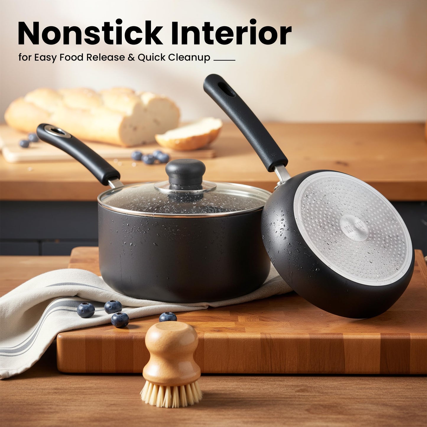 KICHLY Pots and Pans Set Non Stick 5pcs Cookware Set, Induction Frying Pans 20cm, 28cm, Saucepan with Lids 20cm, 18cm, Non Induction Saucepan 16cm, Dishwasher and Oven Safe Pots Set, Black