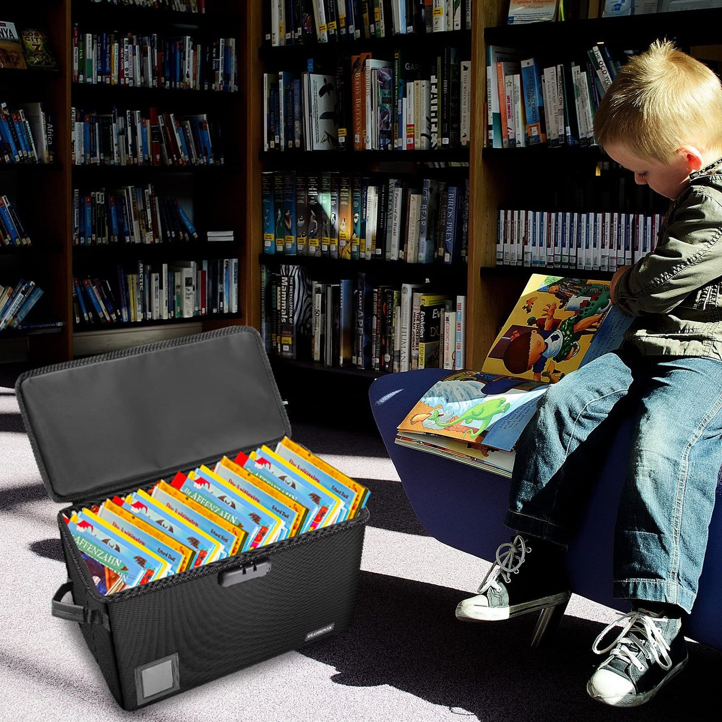 Comic Book Storage Box, ELOBOON Fireproof & Water-Resistant Comic Book Box with Lock and Label Window, Moistureproof Comic Short Box with Fire Zipper, Comic Book Bin with Non-Slip Bottom, Black