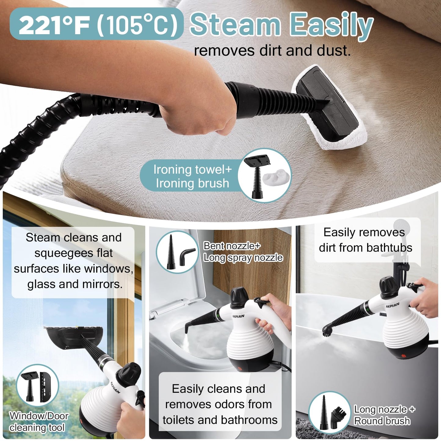 AKPIAN Steam Cleaner Handheld for Home, Hand Held Steam Cleaner with 10 Accessories, Stermer Cleaning With Safety Lock, Multi-Purpose for Kitchen Grease, Bathroom Grout, Upholstery