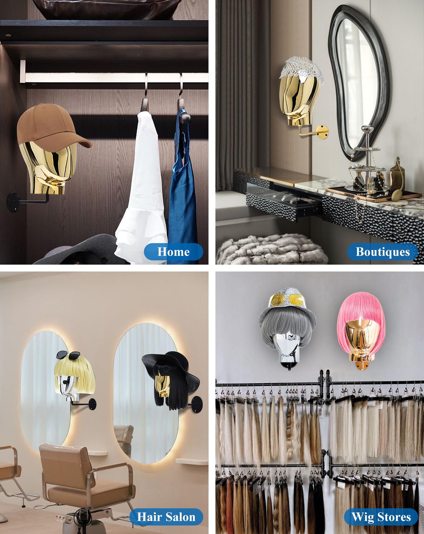 CHADWICK Wall-Mount Hat Display Stand - Wig Head Stands, Detachable Mannequin Head Stand, Durable Plastic Material, for Salons & Beauty Stores, Luxury Look at Home, Head Circumference 52cm/20inch (Gold Stand)