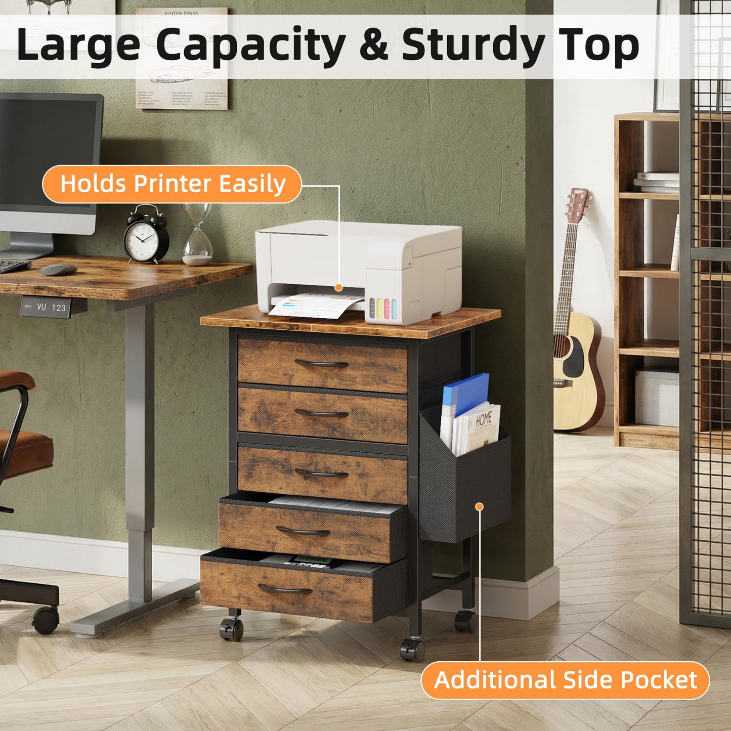 HIGDBFE 5 Fabric Drawers File Cabinet with Side Pocket, Rolling Filing Cabinet Printer Stand with Storage for Home Office, Wooden Top Storage Cabinet for Documents and Crafts, Rustic Brown, 15" D