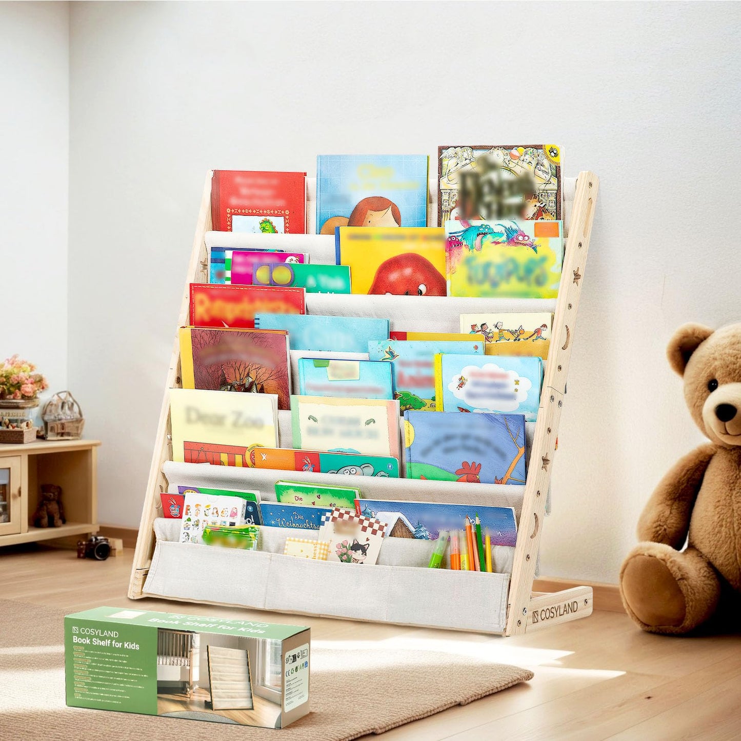 COSYLAND 6-Tier Kids Bookshelf - Toddler Book Display Shelves for Classrooms, Playrooms and Nursery - Wooden Book Shelf for Kids Rooms (Natural, 75 Cm Wide)