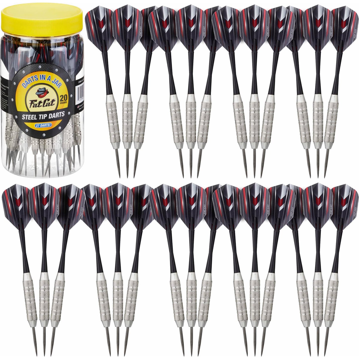 Fat Cat Darts in a Jar: Steel Tip Darts with Storage/Travel Container, 19 Grams (Pack of 27)