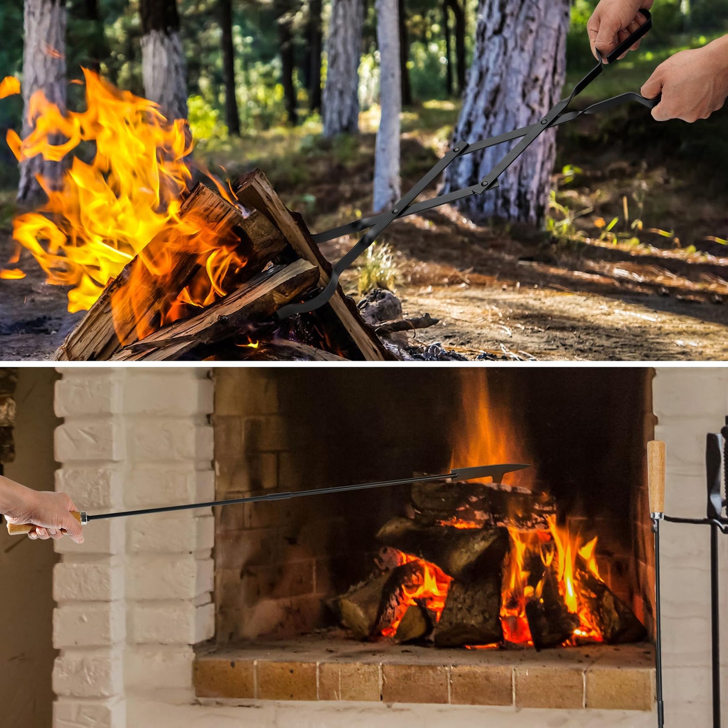 Stanbroil 26” Campfire Fireplace Tongs and 32” Premium Steel Fire Pit Campfire Poker Tool Sets, Heat Resistant Tool for Fireplace Camping Wood Stove Indoor and Outdoor Use