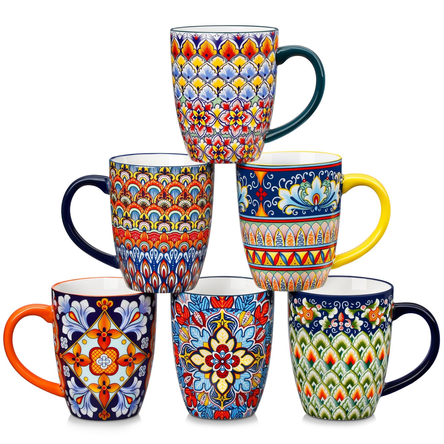 vancasso 16 oz Coffee Mugs Set of 6, Large Ceramic Mug with Handle, Boho Coffee Cups for Latte, Cappuccino & Hot Chocolate, Dishwasher & Microwave Safe Gift Set, Series SIMI