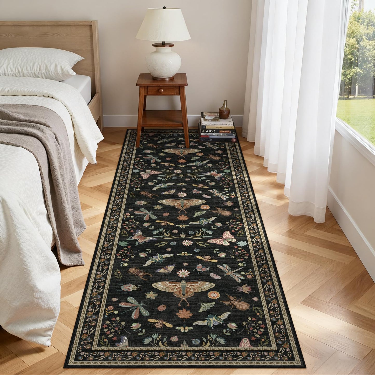 Dadasgk Black Boho Washable 2x6 Runner Rugs for Hallway Kitchen Bedroom Beside Laundry Room Bathroom Rug, Non Slip Low Pile Stain Resistant Soft Floral Nature Insect Fantasy Whimsical Indoor Decor