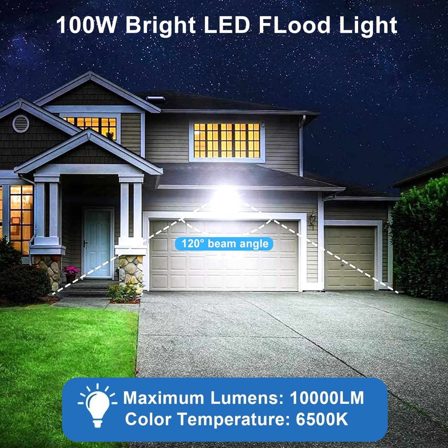 100W LED Flood Light Outdoor, 2 Pack 10000LM Super Bright LED Work Light with Plug, 6500K Daylight White Flood Lights Outdoor, IP66 Waterproof Exterior Floodlight for Garage, Yard, Lawn, Garden