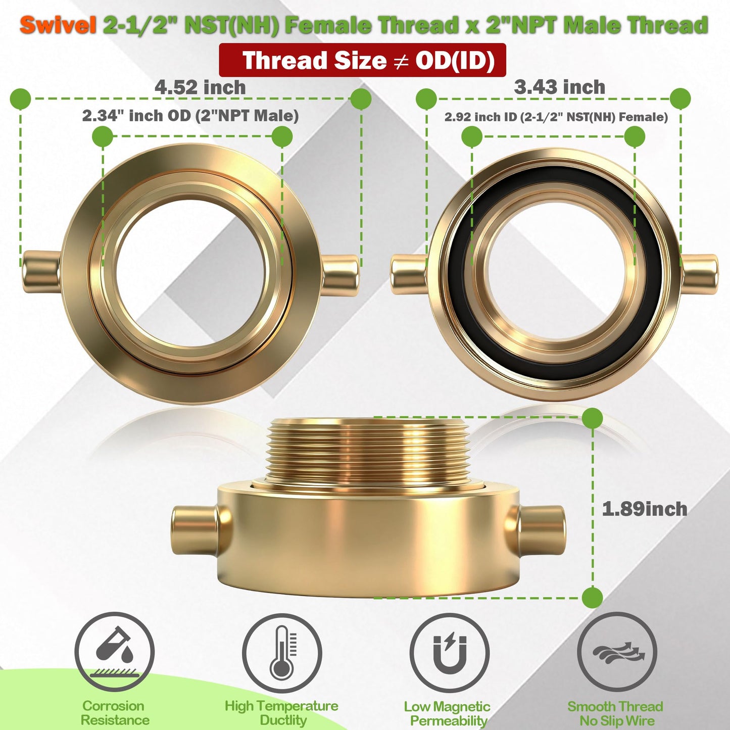 SpringSpray Swivel 2-1/2" NST (NH) Female x 2" NPT Male Brass Fire Hydrant Adapter with Pin Lug Brass Fire Equipment Hose Adapter