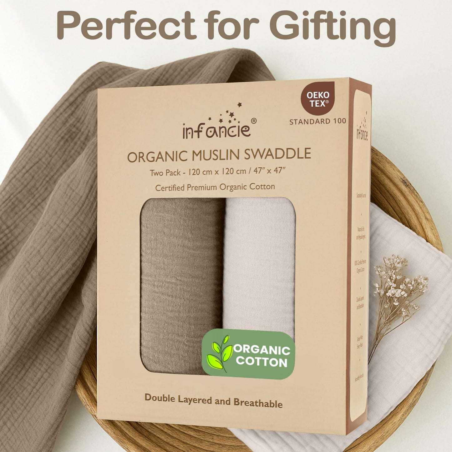 Infancie 100% Organic Cotton Baby Muslin Blanket 120 X 120 CM Baby Blankets Pack of 2 Soft Breathable Lightweight Gentle On Baby Skin Large Receiving Blanket for Newborns and Infants Daily Use