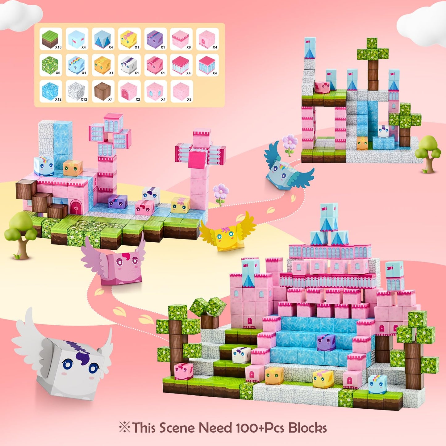 PINKCAT 100PCS Magnetic Blocks, Kids Building Pink Fantasy Castle Cubes, Stacking Tiles, STEM Sensory Toys for Toddlers, Kids Travel Essentials Toy, 3 4 5 6 7 8-12 Years Girls Boys Gifts
