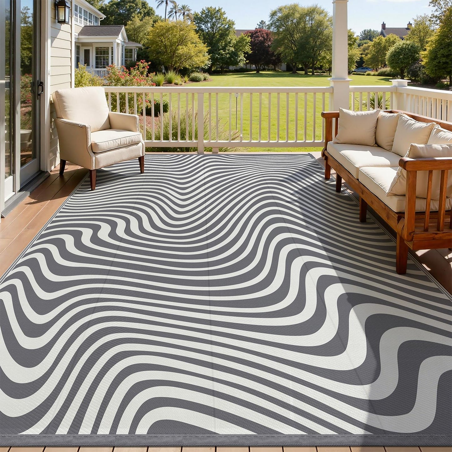 Vaukki Outdoor Patio Rug 8x10, Waterproof Woven Plastic Straw Camping Area Mat, Grey RV Striped Outside Reversible Carpet Clearance for Porch Backyard Deck Balcony