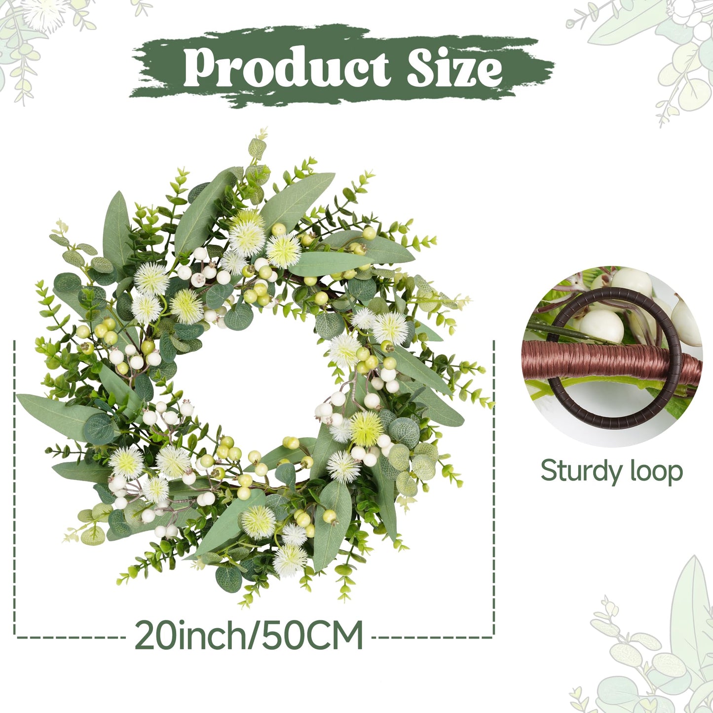 Petalyn Eucalyptus Wreaths for Front Door, 20 Inch Green Wreath with Faux Dandelion, Boxwood, Berries, Spring Summer All Season Artificial Wreath Decoration for Farmhouse Wall Indoor Outdoor Hanging