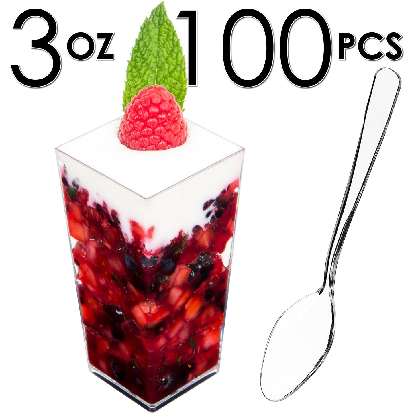 DLux 100 x 3 oz Mini Dessert Cups with Spoons and Lids,Square Tall- Clear Parfait Appetizer Cup Small Reusable Serving Bowl for Party -with Recipe Ebook