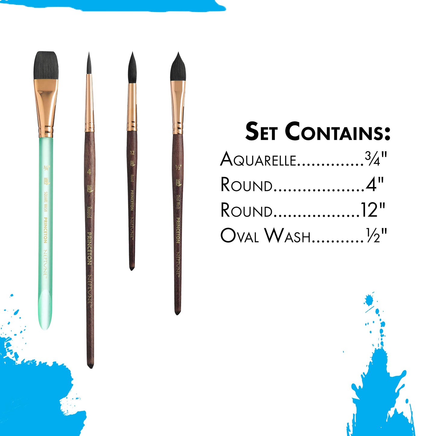 Princeton Artist Brush Neptune Series 4750-4-Piece Synthetic Squirrel Watercolor Paint Brush Set- Includes Aquarelle ¾” Oval Wash ½ & 2 Round Brushes Sizes 4 & 12