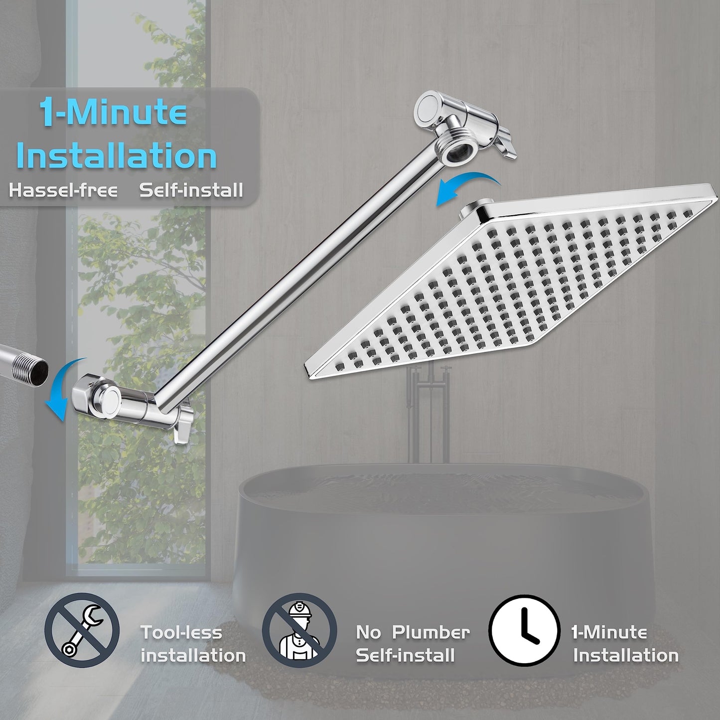 Rain Shower Head, 8'' High Pressure Rainfall Square Showerhead with 15'' Shower Head Extension Arm, 304 Stainless Steel Adjustable Shower Arm Extender, Rainfall Waterfall Fixed Showerheads, Chrome