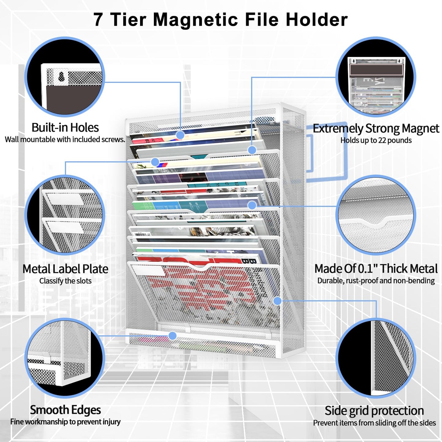 LQPAFZ 7 Tier Magnetic File Holder, No Drilling Wall File Organizer for File Cabinets Whiteboard Refrigerator,Office,Classroom, Hanging Paper Folder Holder, White