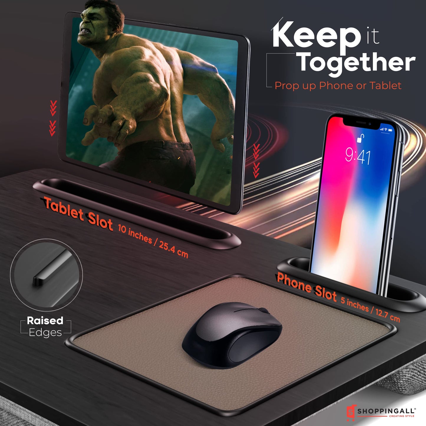 SHOPPINGALL Lap Desk Portable Laptop Stand Desk Fits up to 17" Laptop with Cushion Mouse Pad, Tablet & Cellphone Holder Slot for Sofa Couch & Bed, Home & Office Portable Desk - SA-BR182-Black