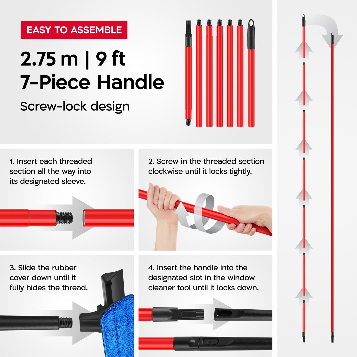 Tyroler 2-in-1 High Window Cleaning Tool | Window Squeegee Extendable with 30-280CM 7-Part Handle | Squeegee Window Cleaner Tool Made of 100% Natural Rubber | Perfect Window Cleaning & Washing Kit
