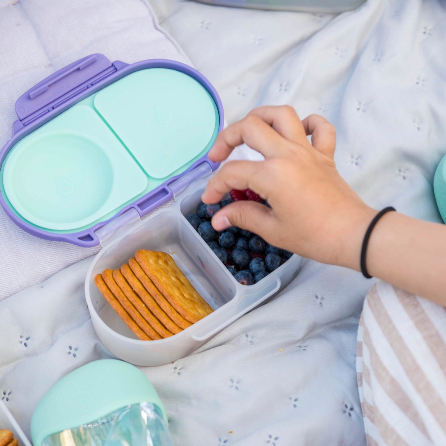 b.box Snack Box (2-Pack) for Kids & Toddlers: 2 Compartment Snack Containers, Mini Bento Lunch Box. Leak Proof, BPA Free, Dishwasher Safe. Ages 4 Months+ (Strawberry Shake + Lilac pop, 12oz Capacity)