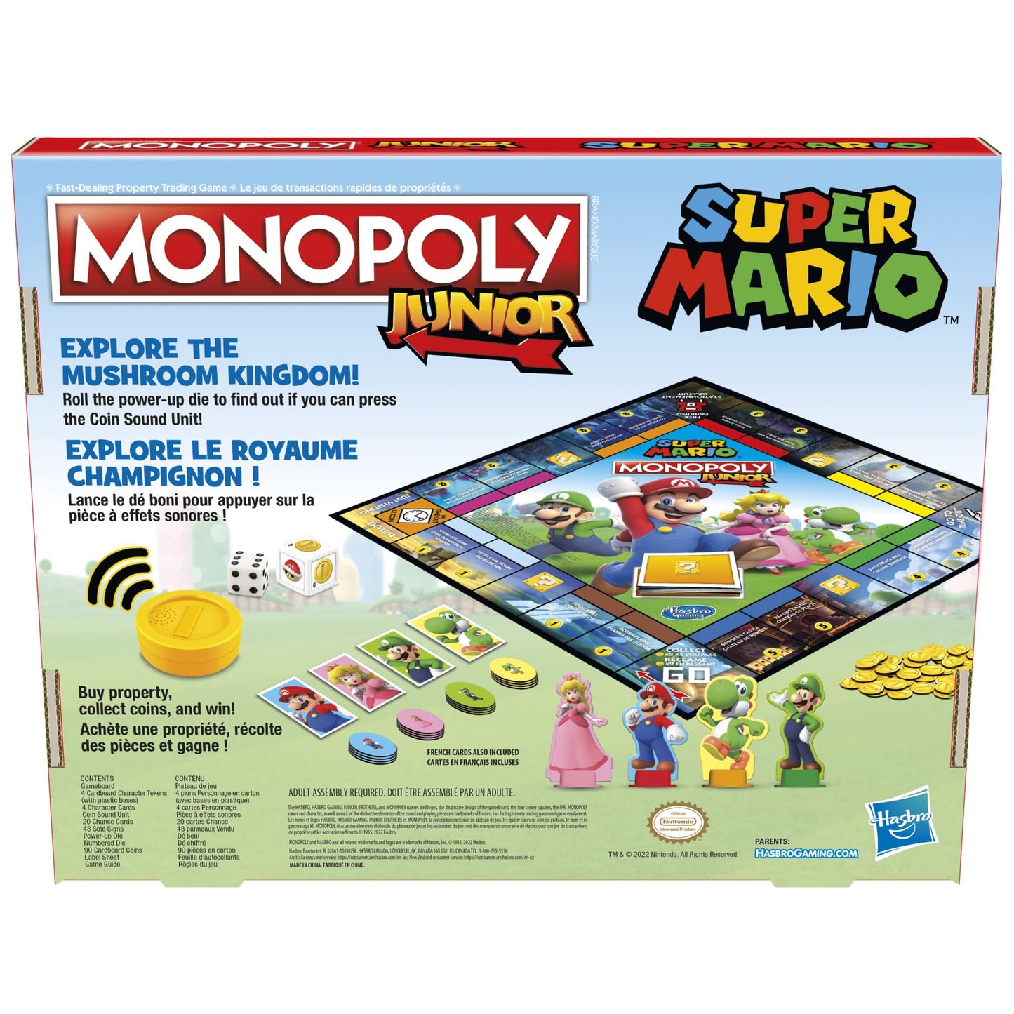 Monopoly Junior Super Mario Edition Board Game, Fun Kids' Game Ages 5 and Up, Explore The Mushroom Kingdom as Mario, Peach, Yoshi, or Luigi - English & French (Amazon Exclusive)