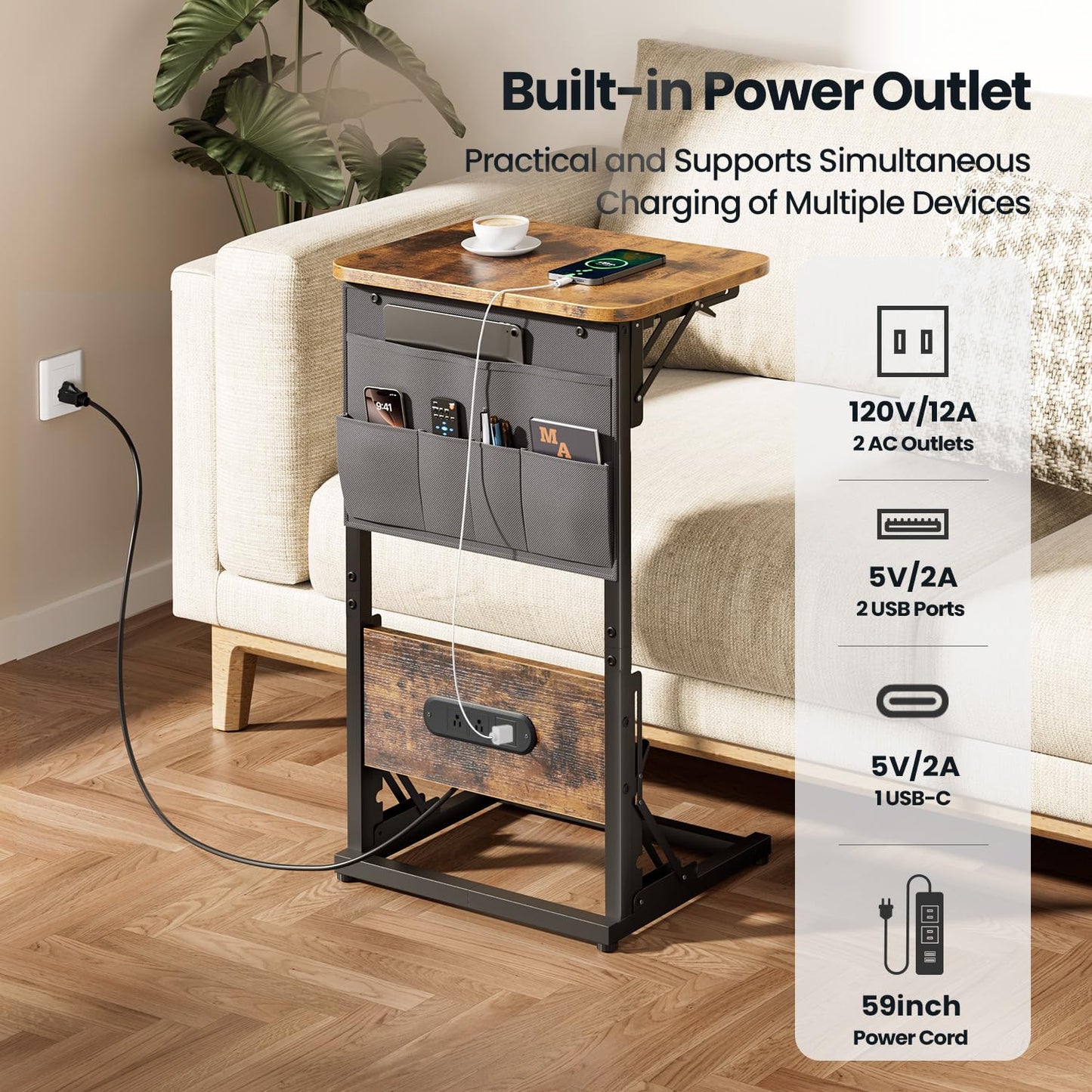 HLDIRECT C Shaped End Table with Charging Station Side Table Living Room with Storage Bag for Couch, C Shaped Side Table with Foldable Function Couch Table for Living Room Bedroom, Brown