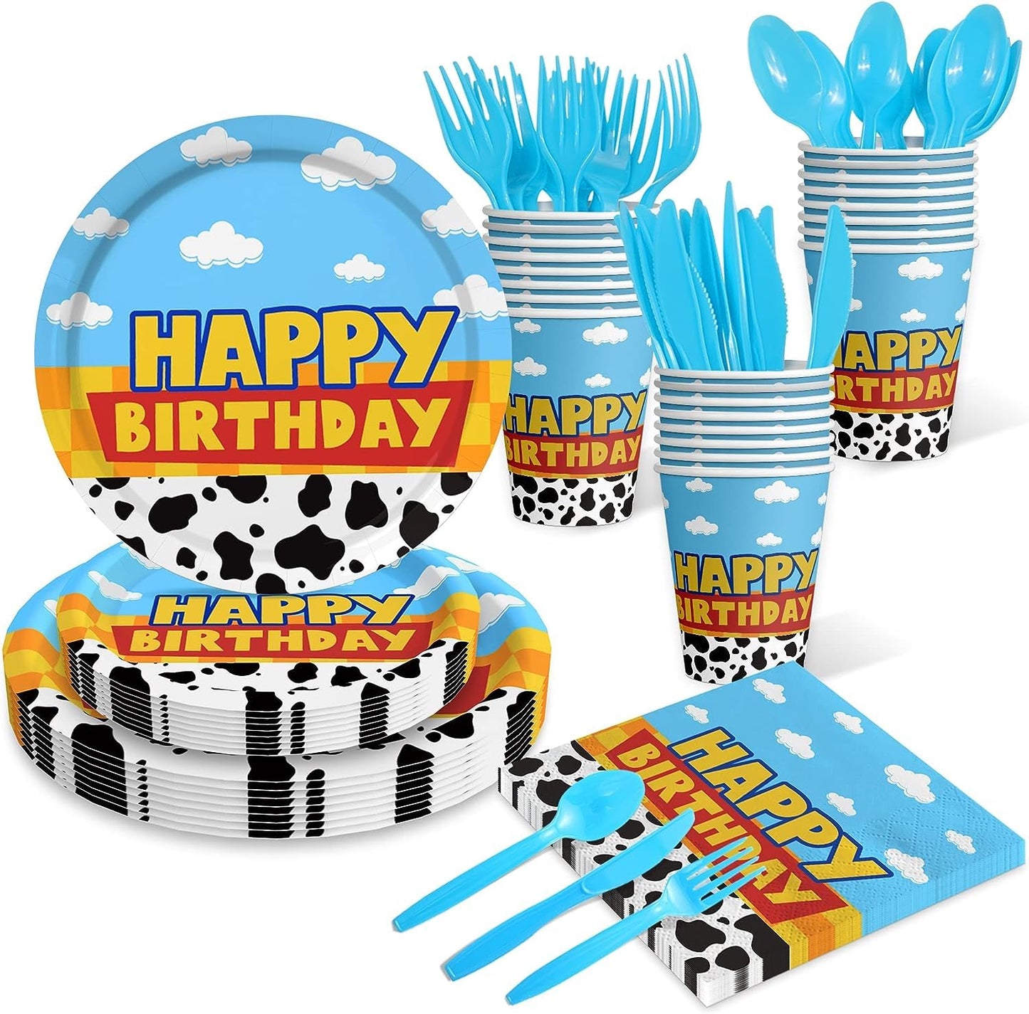 Inspired Story Birthday Party Supplies Cartoon Story Birthday Party Decorations Cartoon Story Plates and Napkins Tableware Set Blue Cloud Cow Print Party Supplies