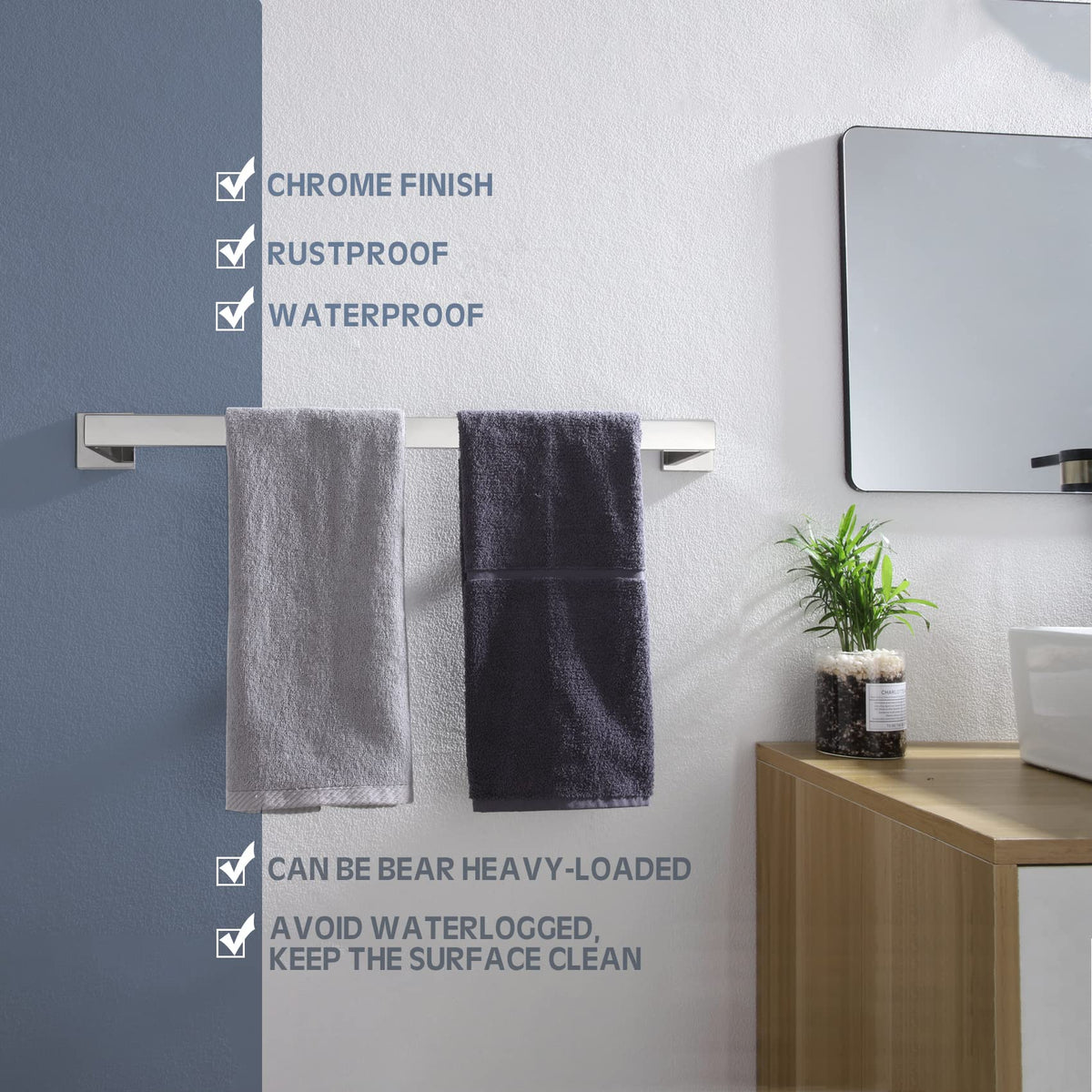 KOKOSIRI 24-Inch Single Towel Bar, Bathroom Kitchen Towel Holder, Wall Mounted SUS304 Stainless Steel Towel Rack, Polished Chrome, B4003CH-L24