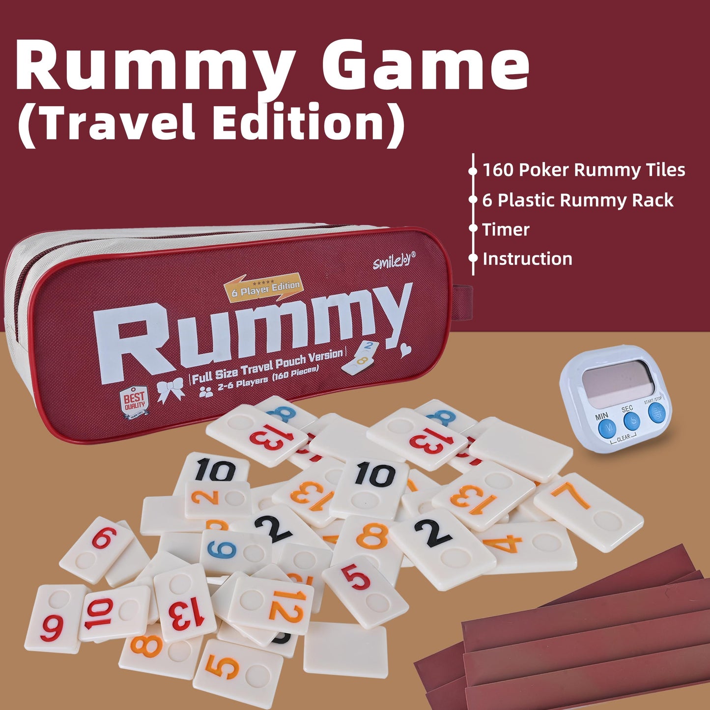 Smilejoy Rummy Cube 6 Players Edition, Full Size Travel Rummy Game Set with Travel Portable Canvas Bag,Classic Board Game for Adults and Kids |160 Tiles | 6 Playing Racks |1 Timing | (2-6 Player)