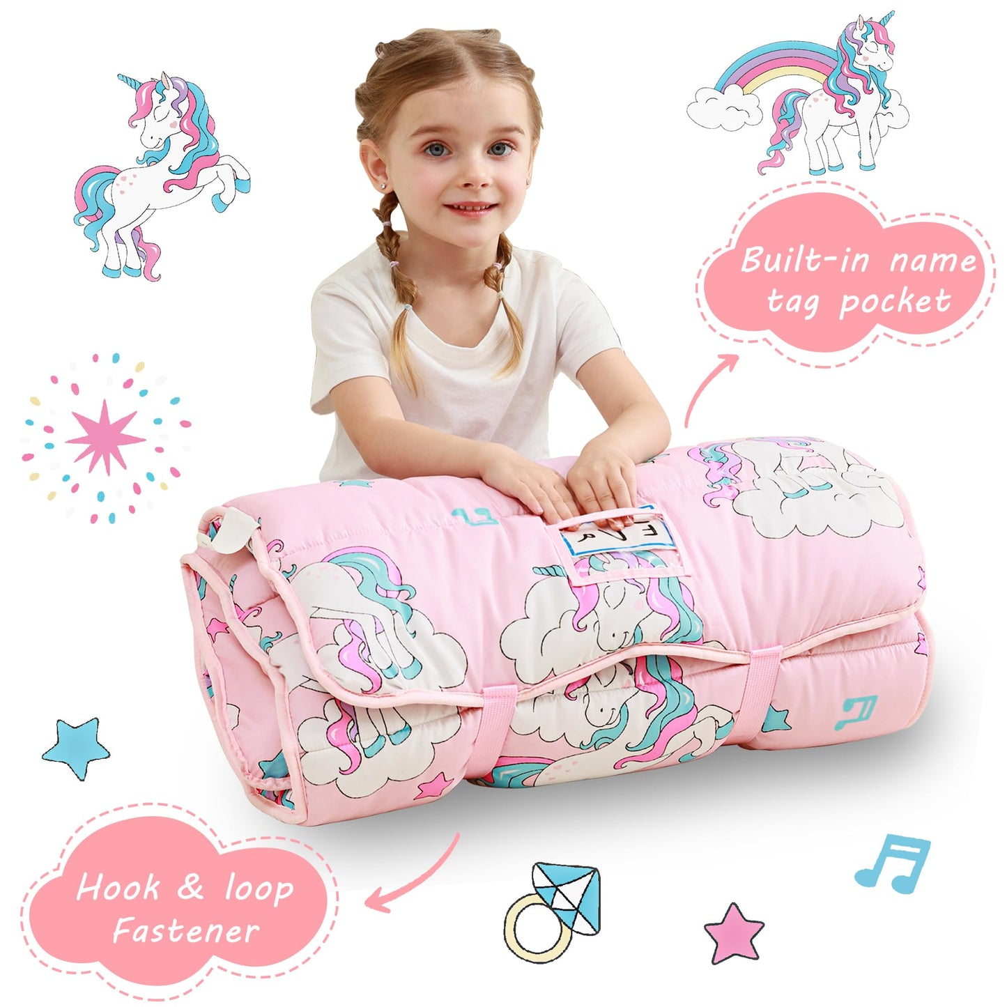 Lasoftan Toddler Nap Mat with Pillow and Blanket, Extra Large Rolled Napping Mats,Slumber Bags for Boys Girls,Kids Sleeping Bag for Daycare, Preschool Travel Camping, Unicorn