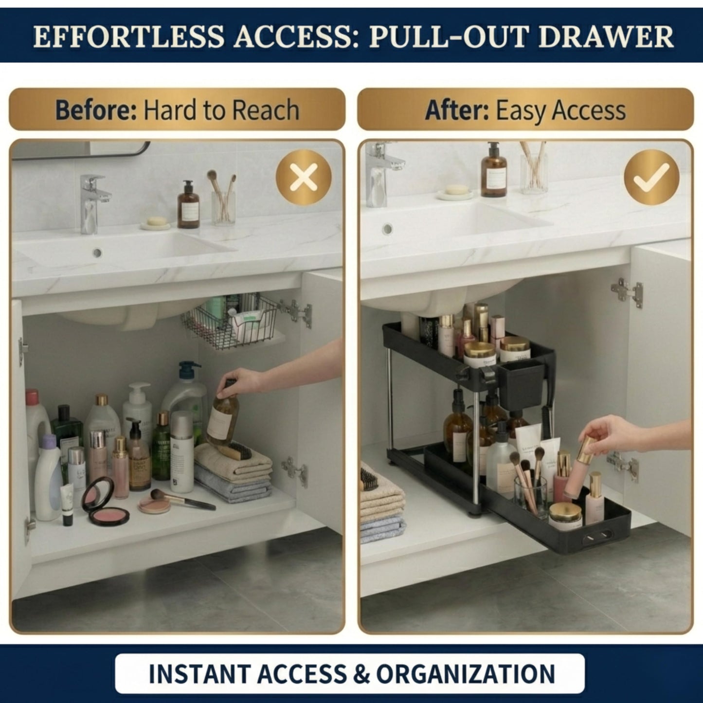 LargeMalls 2-Pack Under Sink Organizer with Sliding Drawers – Adjustable Height, Anti-Tip Design, Fits Around Plumbing – ABS Shelves & Stainless Steel Rods for Kitchen, Bathroom & Laundry Storage