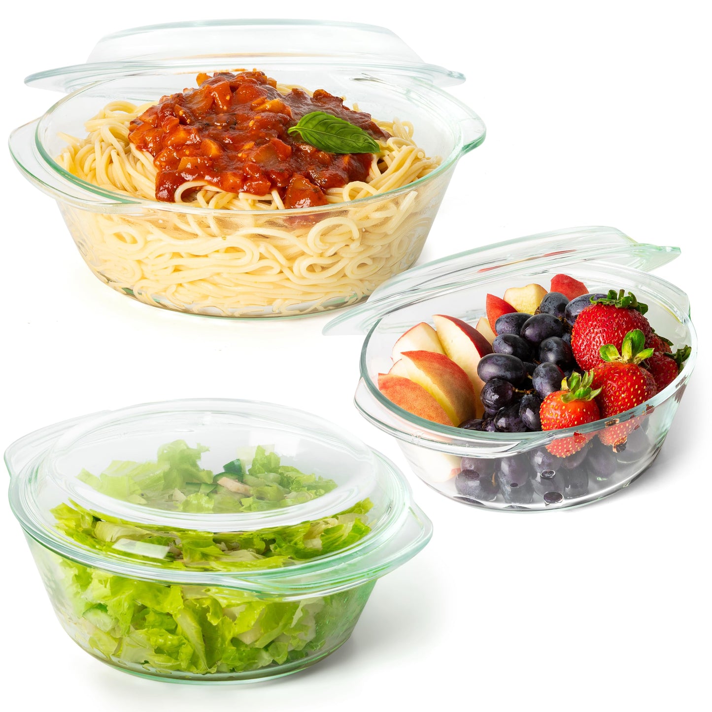 Moss & Stone Basics 3-Piece Glass Casserole Set, Borosilicate Glass, 3 Round Dishes With Lid, Oven & Microwave Safe