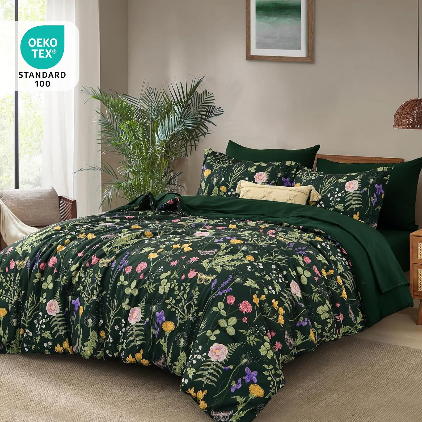 Yiran Queen Comforter Set 7 Piece, Dark Green Floral Bedding Set, Bed in a Bag Queen with Botanical Flowers Patterns, Soft Microfiber Complete Bedding Set with Sheets for All Season