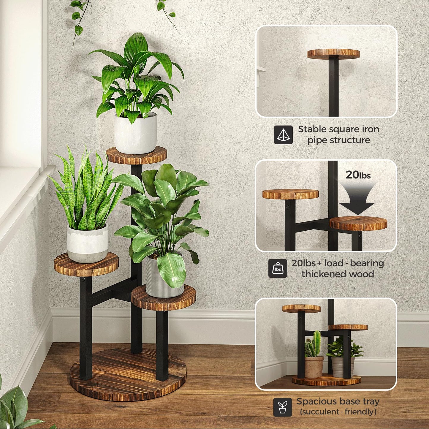 Bamworld Corner Plant Stand Indoor, 3 Tier Metal Plant Shelf for Multiple Plants, Tiered Small Round Flower Stand for Patio Garden Balcony Living Room Bedroom