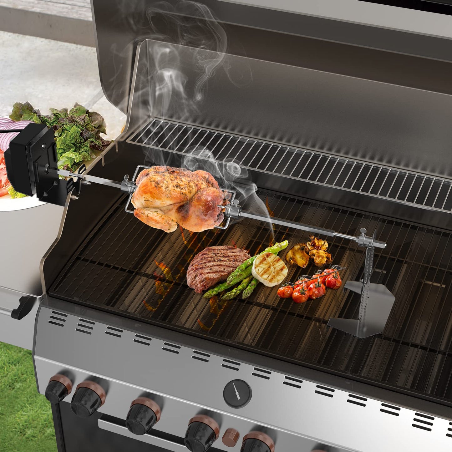 onlyfire Universal Rotisserie Kit for Most Gas Grills – Heavy Duty BBQ Rotisserie with 110V Electric Motor, 28" Square Spit Rod & 4-Prong Meat Forks, Outdoor Grill Accessories for Turkey Chicken Roast